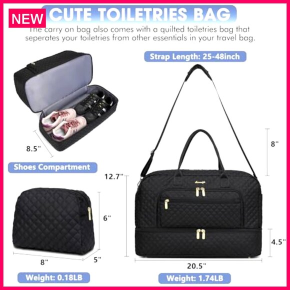 Large Travel Duffle Bag with Wet Pocket, 35L Carry-On, Multi-Pocket Organization - Picture 4 of 7